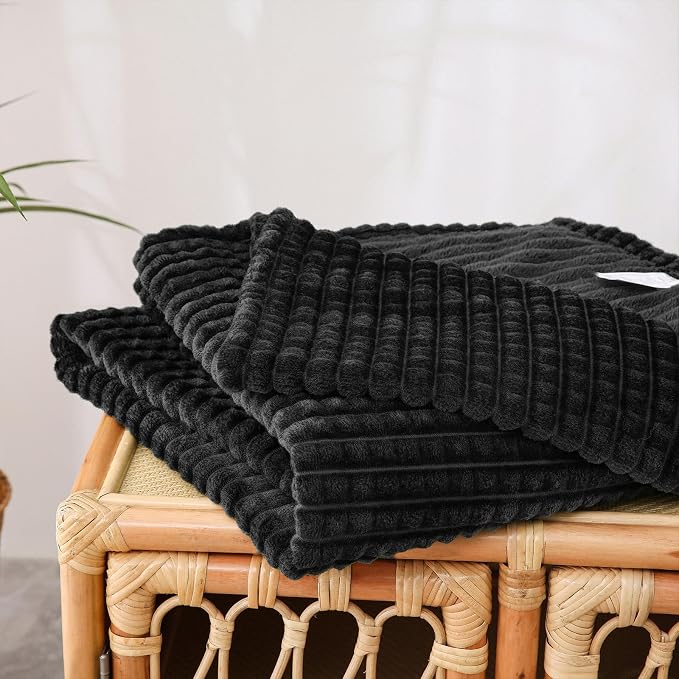 Puncuntex Fleece Throw Blanket Black 60"×80" with Square Grid Design | Super Soft Plush Cozy Flannel Throw Blanket Luxury for Couch Sofa Chair