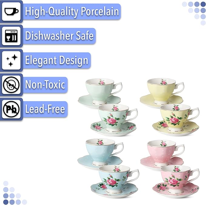 BTaT- Floral Tea Cups and Saucers, Set of 8, 8 oz | Fine Porcelain Teacup Set Gold Trim Afternoon Tea Weddings Parties Gifting Dishwasher Safe Lightweight Non Toxic