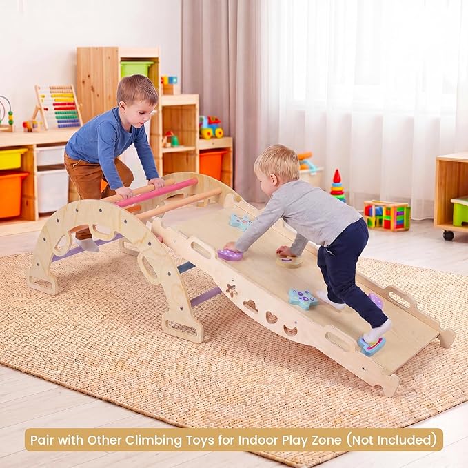 Costzon Wooden Rocking Climbing Arch w/Cushion, 3-in-1 Montessori Kids Climber Rocker for Toddlers, Playground Climbing Ladder Toy, Indoor Gym Learning Playset for Boys Girls Ages 1+ (Multi-Color)