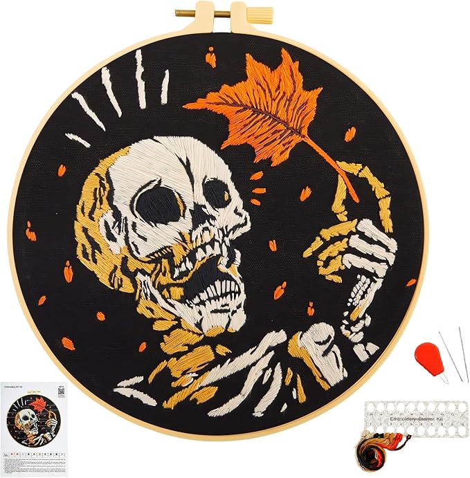 Crafmanoe Halloween Gothic Embroidery Starter Kit for Beginners Adults, Skull Skeleton Stamped Cross Stitch Kits for Beginners Adults, Funny Fall Hand Embroidery Needlepoint Kits with Video Tutorial