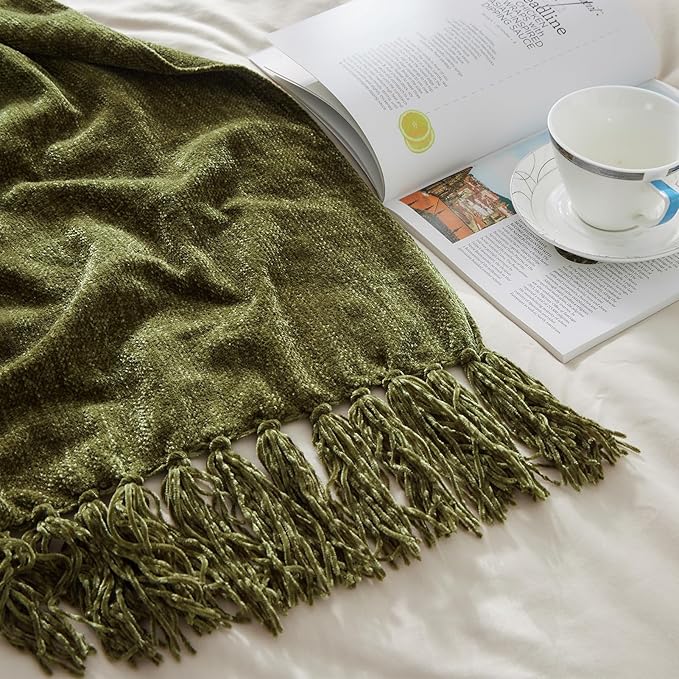 CozeCube Chenille Throw Blanket, Olive Green Fringe Blanket, 60"X80" | For Couch, Cozy Plush Fuzzy Decorative Blanket with Fringe Tassels, Lightweight Throws for Bed Sofa Gift Home Decor