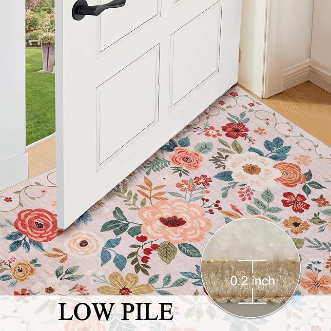 DUKINO 3x12 Washable Runner Rug, Long Hallway Runner Rug Non Slip, Beige | Soft, Low Pile, Floral Indoor Runner Rug for Kitchen, Entryway, Bedroom, Bathroom, Laundry, Modern Home Decor, Non-Shedding
