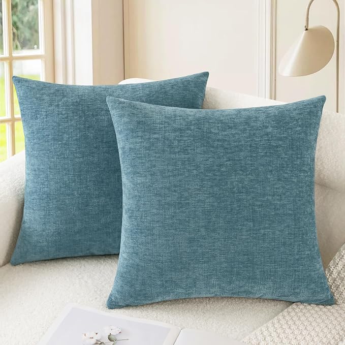 CaliTime Decorative Couch Throw Pillow Covers 24 X 24 Inches Smoke Blue | Pack of 2, Cozy Chenille Cushion Cases for Sofa Bed Living Room Farmhouse Home