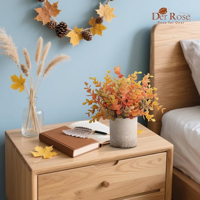 Der Rose 3 Pack Fake Plants Warm Orange Faux Plants for Fall Table Decor | Orange maple-toned eucalyptus, lightweight and compact, maintenance-free, autumn accents for shelf kitchen bedroom entryway