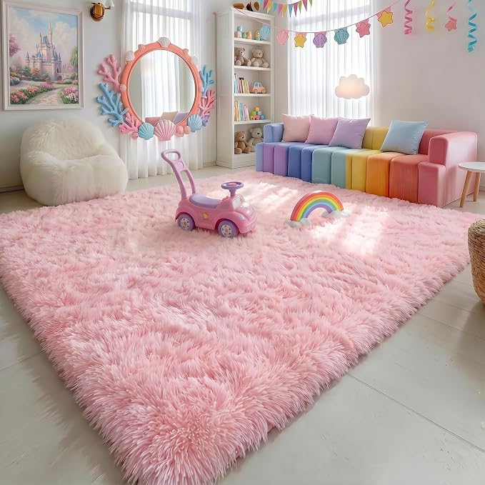 Amdrebio Pink Area Rugs 8x10 for Living Room, Large Fluffy Shag Rug for Bedroom, Kids Room Decor, Big Cute Furry Carpet for Teen Girls, Baby Nursery, Classroom, Soft Fuzzy Cozy Carpets for Playroom