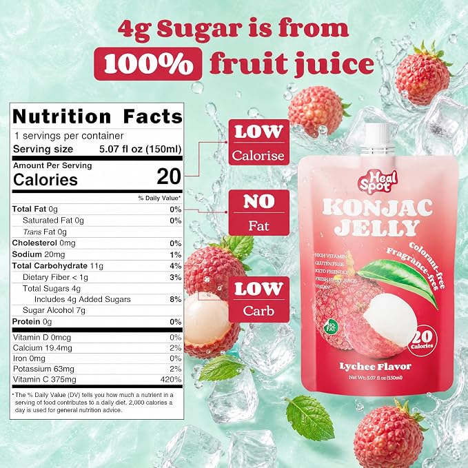 Healspot Real Fruit Juice Snacks Konjac Jelly with Collagen Peptides and Vitamin C, No Artificial Sweetener, Low Calories|Gluten Free|Keto Friendly, Healthy Korean Snacks 10 Pouches Lychee Flavor