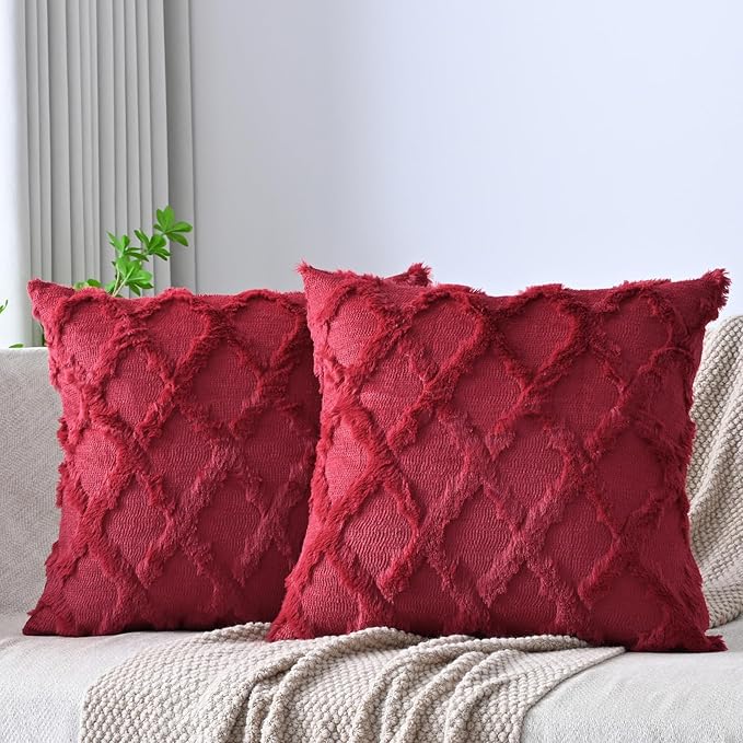 Set of 2 Soft Moroccan Throw Pillow Covers 24x24 Inch Plush Boho Decorative Pillow Cover Accent Cushion Case for Couch Sofa Bed, Burgundy