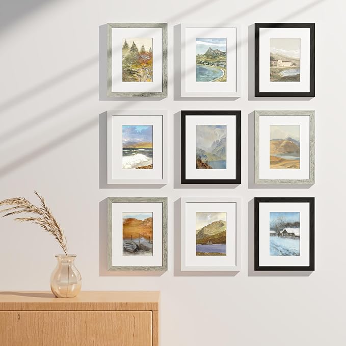 Vittanly 8x10 Picture Frames Set of 9, Wall & Tabletop, Black&Grey&White | Display Pictures 5x7 with Mat or 8x10 without Mat, Small Photo Frames, Engineered Wood with Shatter Resistant Plexiglass