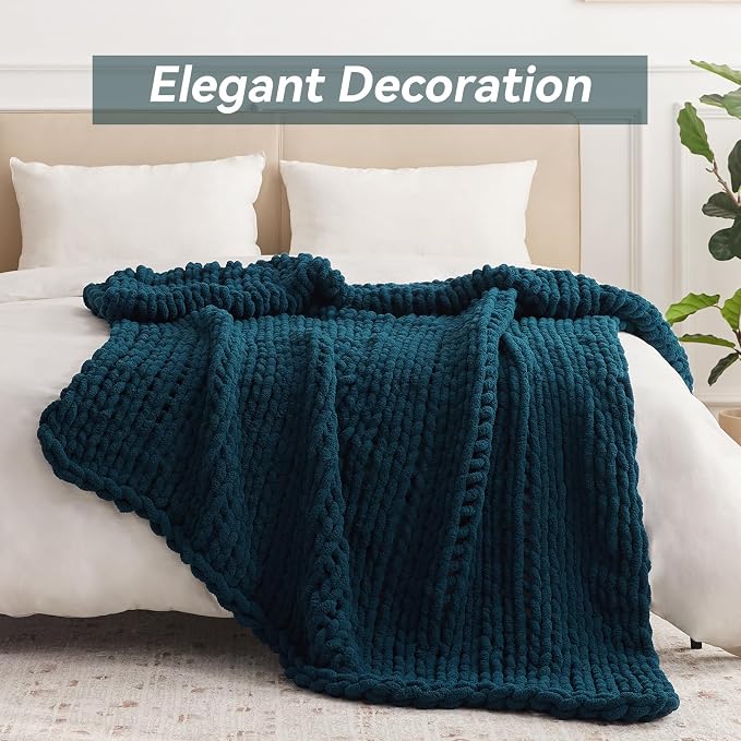 Negwoo Chunky Knit Throw Blanket, Knitted Throw Chenille Yarn, 40"*50" | Soft Thick Cable Knitted Blankets, Handmade Big Thick Blanket,Machine Washable Cute Comfy Blanket for Home Decor,Peacock blue