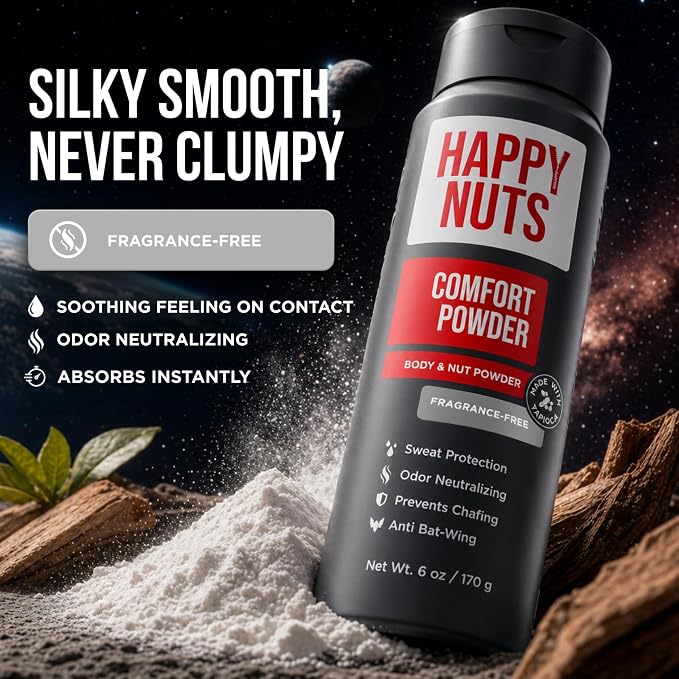 HAPPY NUTS Comfort Powder Deodorant For Men: Anti-Chafing, Sweat and Odor Control for Jock Itch, Aluminum-Free, 6 oz (2 Pack), Fragrance-Free