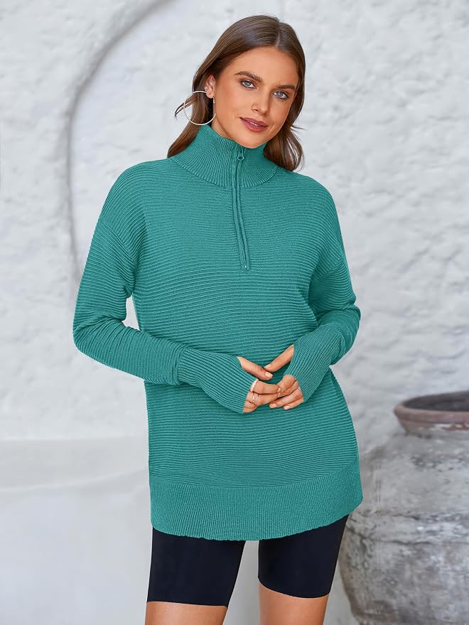 PRETTYGARDEN Womens Long Sleeve Quarter Zip Pullover Sweater Casual Loose V Neck Collared Ribbed Knit Jumper Tops Thumb Hole
