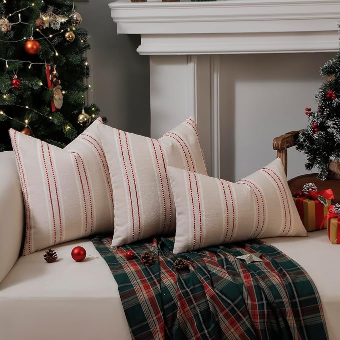 Hckot Christmas Throw Pillow Covers 12x20 Red Lumbar Pillow Covers | Striped Xmas Decorations Pillows Farmhouse Cushion Covers Winter Holiday Decor for Sofa Living Room (Red)