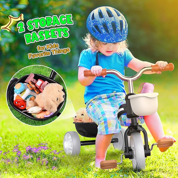 Toddler Tricycle for 1-3 3-4 Year Olds, Toddler Baby Bike, 2 3 4 Year Old Boys Girls Birthday Gifts, Outdoor Riding Toys for Ages 2-4, 3-Level Adjustable Seat, 3 Color Light Wheels, 2 Baskets