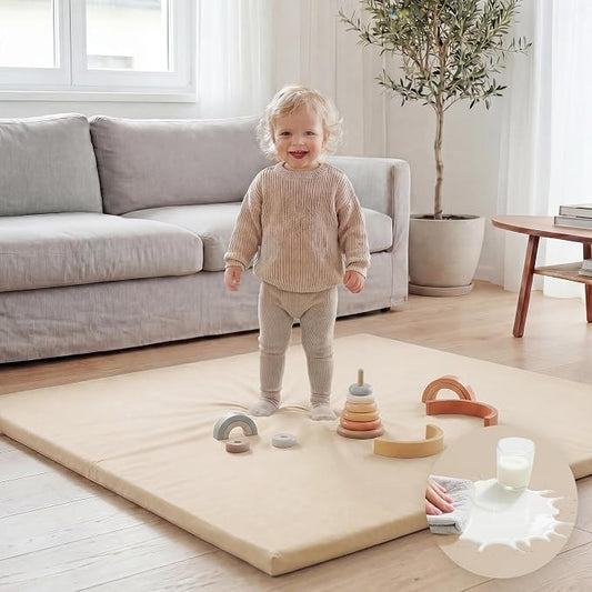 Huloo Sleep Baby Play Mat 47x47 Inches, 1.3" Thick Padded Waterproof Floor Cushion & Playpen Mat with Vegan Leather, Non-Slip & Non-Toxic Nursery Rug for Infants, Toddlers & Kids(Beige)
