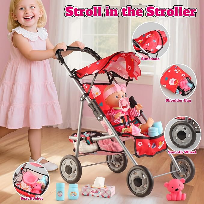 Baby Doll Stroller Set - A 12.5" Baby Doll with Doll Accessories & 2 Sets Clothes, Baby Doll Stroller for Toddlers 3-5, Toy Stroller for Kids, Gifts for Girls 3 4 5 Year Old Girls Toys