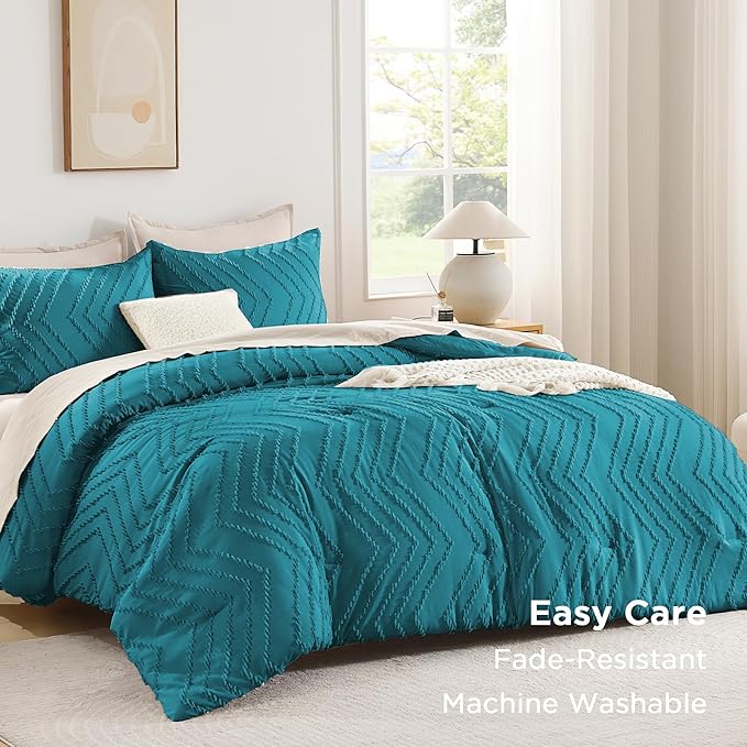Andency Turquoise Comforter Set Queen Size, Boho Soft Warm Tufted Bedding Comforter Sets for Queen Size Bed, 3 Pieces Aesthetic Chevron Farmhouse Cute Bohemian Textured Bed Set