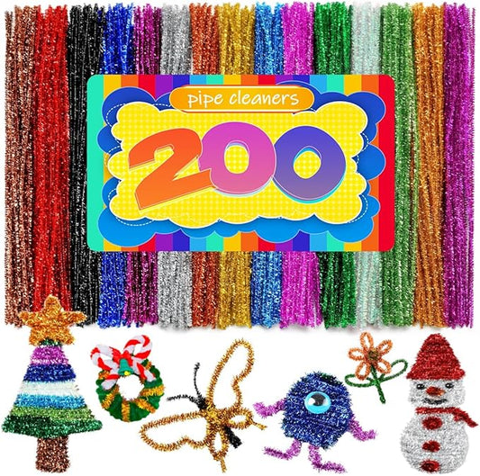 200pcs Pipe Cleaners, Pipe Cleaners for Crafts, Craft Supplies Multicolor Chenille Stems for Art&Craft Christmas DIY Projects(15colors,Glitter)