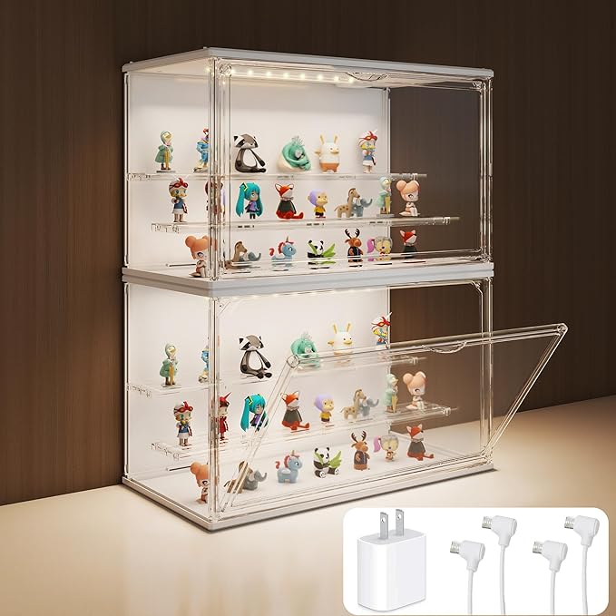 Clear Display Case for Collectibles, 3-Tier Adjustable Figure Display Case with LED Light, Stackable Acrylic Showcase with Magnetic Door for Model Figures, Jewelry & Collectibles (2PCS,White)