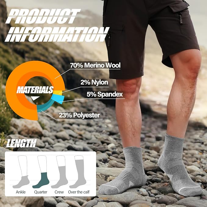 ANTSANG 6 Pairs Merino Wool Quarter Ankle Hiking Running Socks Compression Thermal Thick Cushion Socks for Women Men