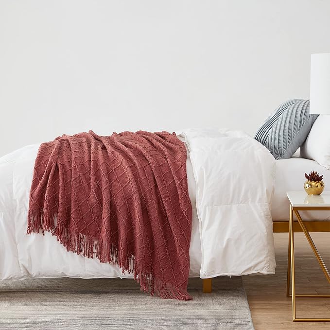 BOURINA Burgundy Throw Blanket 60x80 Inches Throw Textured Solid Soft Sofa Throw Couch Knitted Decorative Blanket