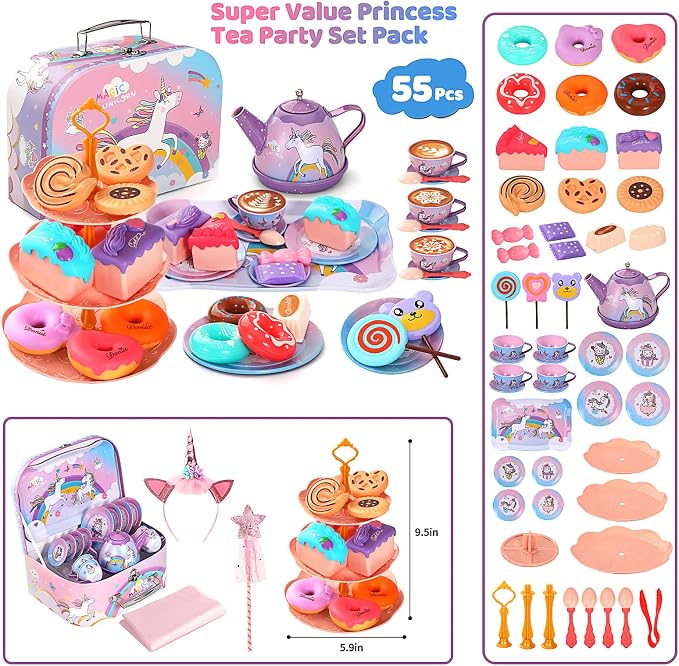 55Pcs Tea Party Set for Little Girls, Princess Tea Party Set, Unicorn Kid Tin Tea Set,Kids Kitchen Pretend Toy, Toddler Tea Party Set for Girl 3-5, Tea Party Easter Birthday Gift for 4 Year Old
