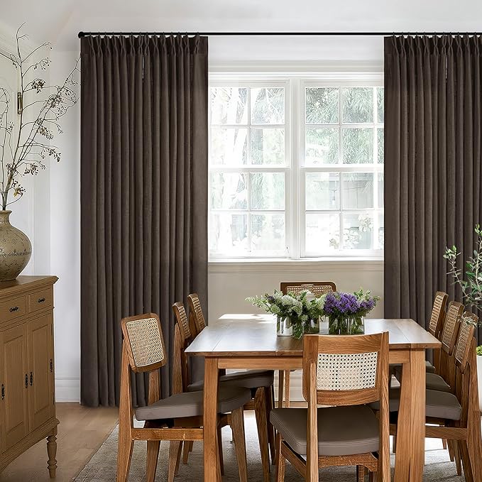 Dark Chocolate 108 Inch Pinch Pleated Semi Sheer Linen Curtains 2 Panels | for Living Room Bedroom, Memory Training Shaped, Light Filtering, Pinch Pleat Drapes with Hooks Rings, Window Curtains 40x108