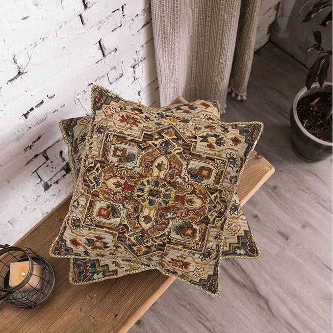 KSLIDS Boho Brown Soft Velvet Throw Pillow Covers Set of 2 Vintage Bohemian Rug Carpet Decorative Pillow Covers 16x16 Inch Antique Ethnic Pillow Case for Sofa Couch Living Room Home Decor