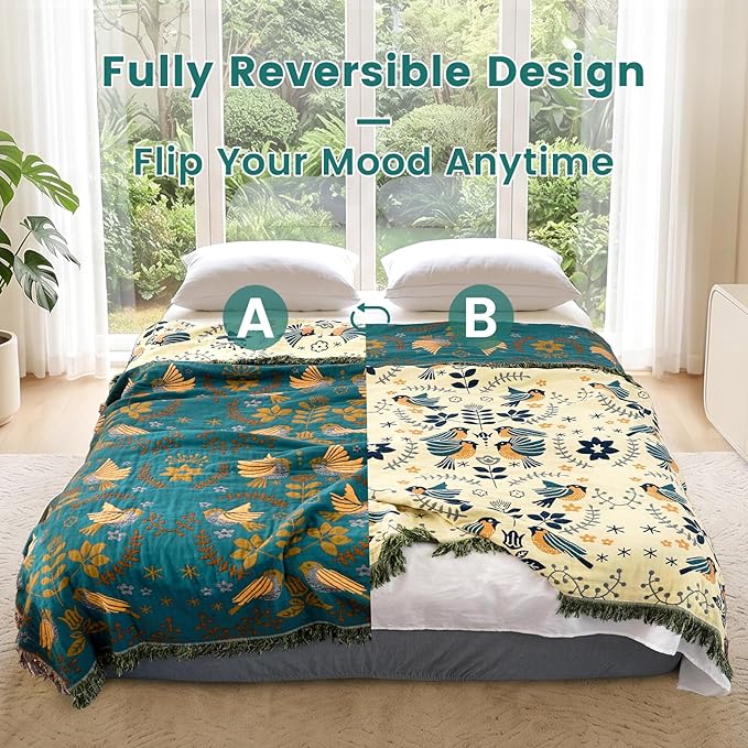MSGKV Boho Throw Blanket 60"x80" 100% Cotton Bird Quilt for Bed & Couch | 100% Cotton Throw, Bird Quilt Design, Muslin Blanket, Summer Breathable, Farmhouse Decor, Lightweight, Machine Washable