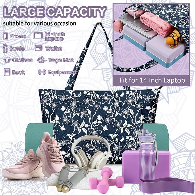 Yoga Bag for Women, Large Canvas Yoga Mat Tote Bag with Yoga Mat Carrier - Large Mat Pocket Fitness Tote for Pilates, Gym, Travel, Office & Beach