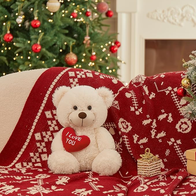 12" Teddy Bear with Heart, Cute Cream Teddy Bear Stuffed Animals for Valentines Soft Bear Plushie Toy Stuffed Bear Plush Gifts for Girlfriend Kid, Christmas