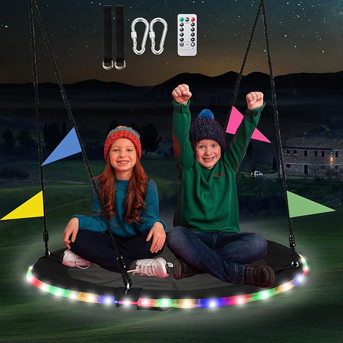 40 Inch Tree Swing with LED Light for Kids, 900lbs Flying Saucer Swing, with Adjustable Hanging Straps, for Indoor and Outdoor, Great Gifts for Kids (40INCH)