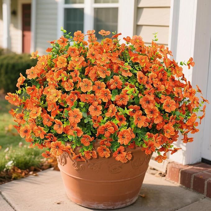 Ouddy Decor 24 Pcs Artificial Fall Flowers, Fake Mums for Outdoors, Orange | Lifelike faux mums, silk flower, UV resistant, no-maintenance, for autumn Thanksgiving garden porch yard indoor outdoor decor