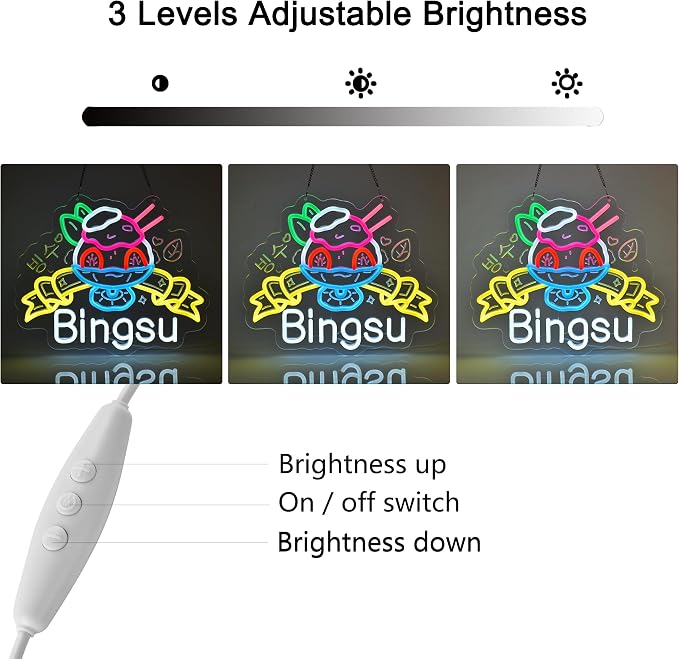 Bingsu Neon Sign,Korean Shaved Ice LED Light Sign Wall Decor | Neon Lights Hanging Wall Art Decoration for Korean Restaurant Ice Cream Cafe Party Home Decor, USB Powered,Dimmable,15×12.2In