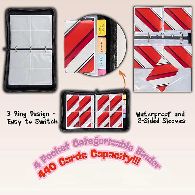 Trading Card Binder 4 Pocket, 440 Pockets 3 Ring Binder, Includes Name Tag, Tab Stickers, Cards Binder Album Book Holder Case for Baseball Football Sports Tcg Binder (Red Flame)