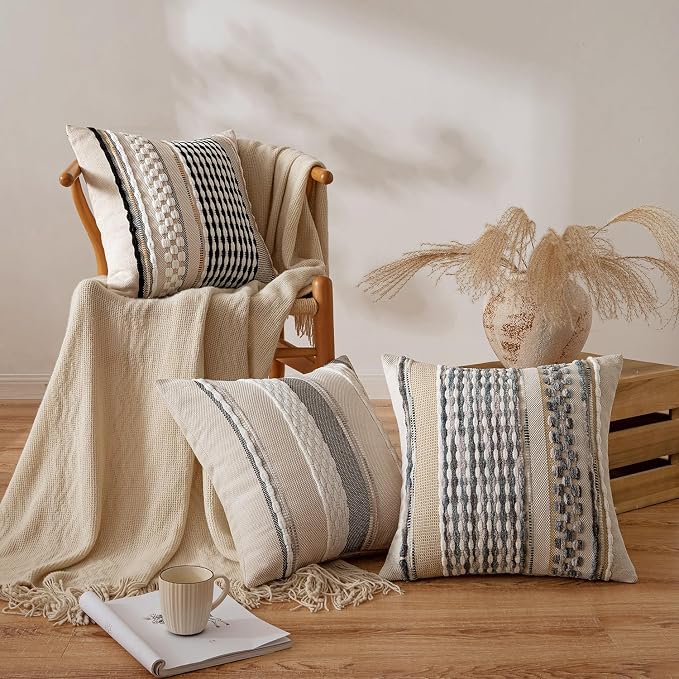 ANRODUO Boho Decorative Pillow Covers Gray Blue Stripe 18x18 Inch Pack of 2 | Throw Pillow Covers, Farmhouse Cushion Case, Chenille Pillow Cases, Pillow Covers, Accent Neutral Pillowcase for Couch Bed