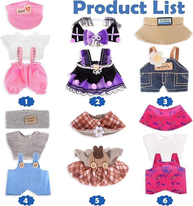 ebuddy 6 Sets Doll Clothes for 17 cm Plush Doll - Fashion Overalls Ensemble Adorable Outfits Collection (Clothes Only)