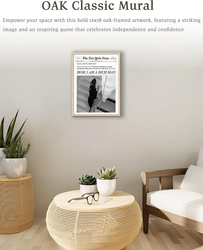 EcoHest 12x16 in Mom I Am a Rich Man Newspaper Framed Wall Art | Natural Oak Wood Frame, Canvas Wall Art, Girly Fashion Magazine Decor for Bedroom, Apartment, Dorm Room, College Room, 1Pack