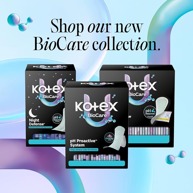 Kotex BioCare Ultra Thin Overnight Pads with Wings, Heavy Absorbency, 60 Count (3 Packs of 20)(Packaging May Vary)