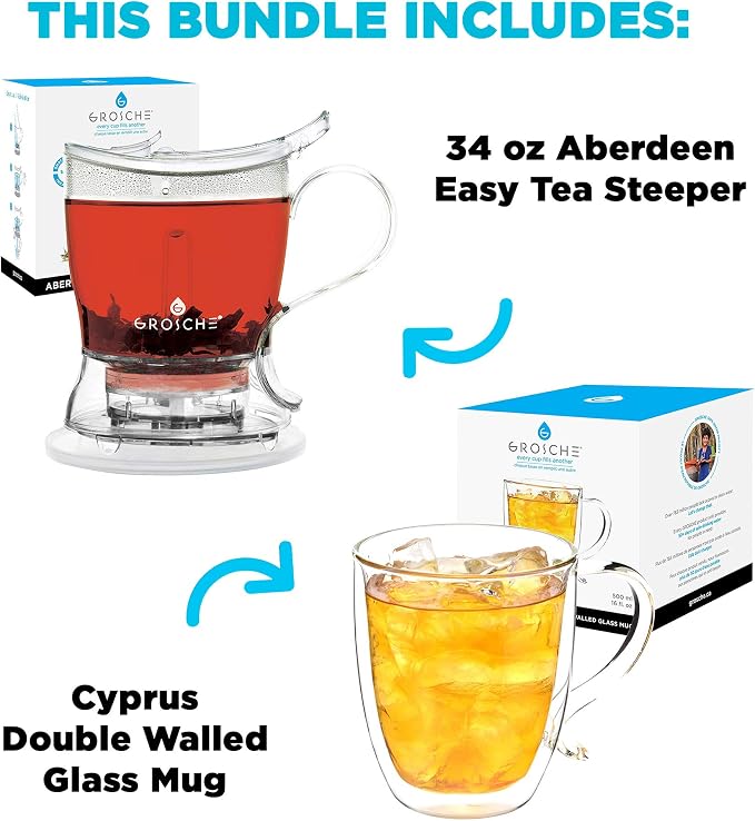 GROSCHE Aberdeen 34 oz tea pot and bottom dispensing tea steeper and Cyprus Large 16 oz double walled glass mug set