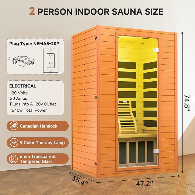 springspa Far Infrared Sauna for Home, Home Indoor Infrared Sauna for 2-Person, Canadian Hemlock Wood Sauna Room with Low Emf Red Light Therapy, 9 Chromotherapy Lights, Bluetooth Speakers