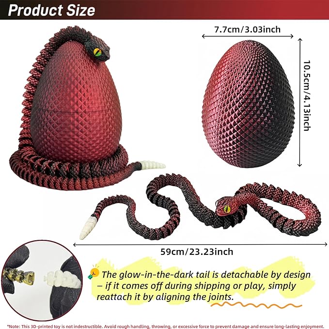 23" 3D Printed Snake with Egg - Flexible Snake with Luminous Tail, 3D Fake Snake Fidget Toys for Autism/ADHD, 3D Printed Animals Snake Toy for Kids & Adults (BlackRed)