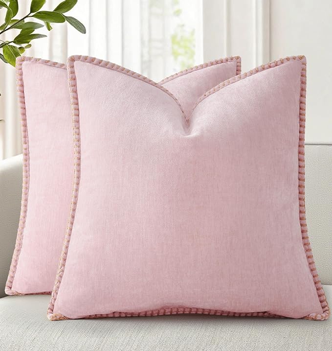 decorUhome Soft Chenille Throw Pillow Covers 20x20 Set of 2 Blush Pink | Fall Textured Decorative Throw Pillow Cases Stitched Edge Modern Farmhouse Luxury Boho Velvet for Couch Sofa Bed Home Decor