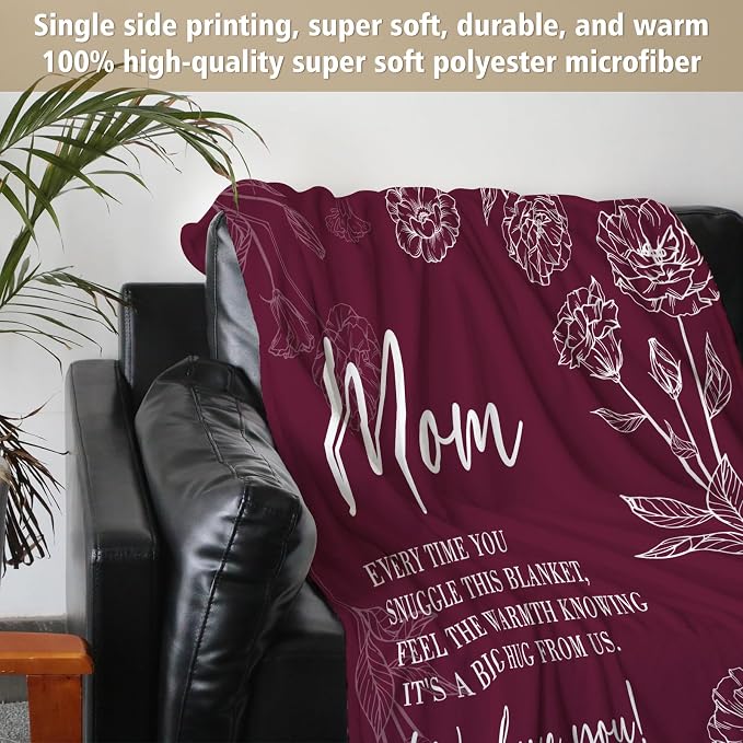 GiltGlimmer Mom Birthday Gifts, Mom Floral Blanket Burgundy, 60" x 50" | Gifts for Moms from Daughter Son, We Love You Present for Mother Mommy Christmas Mothers Day