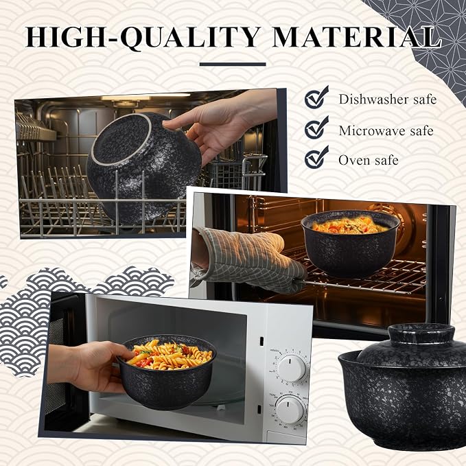 SiliFine Ramen Bowl Set of 2 Ceramic Ramen Bowl with Lid 25oz Microwave Clay Pot Traditional Japanese Tableware Korean Clay Pot for Christmas Soup Salad Meal Rice Home Office(Black,Calssic)