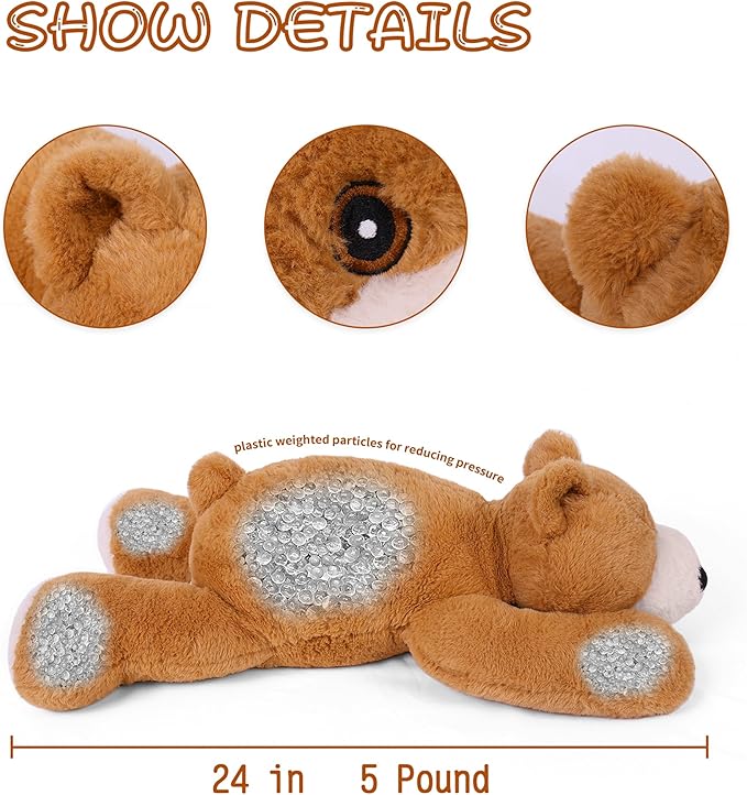 Weighted Bear Stuffed Animals 5 lbs, 24in Weighted Bear Plush for Kids Adults Boys Girl, Cute Plushies Soft Pillow Toy for Christmas, Valentine's, Birthday Gifts