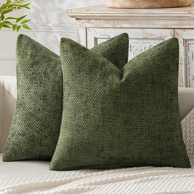 MIULEE Decorative Couch Throw Pillow Covers 18x18 Inch Olive 2 Pack | Modern Boho Accent, Soft Chenille Pillow Covers, Farmhouse Cushion Cases for Home Decor Bed Sofa Living Room