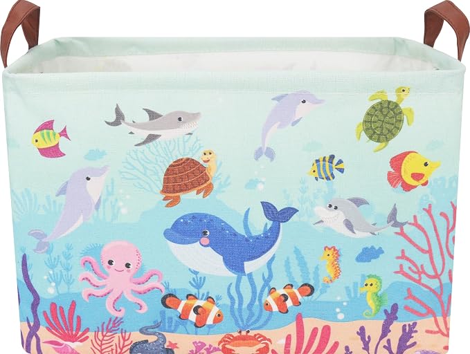 CLOCOR Rectangular Storage Basket Empty,Gift Basket,Waterproof Storage Bin with Handles,Room Decor(Under The Sea)