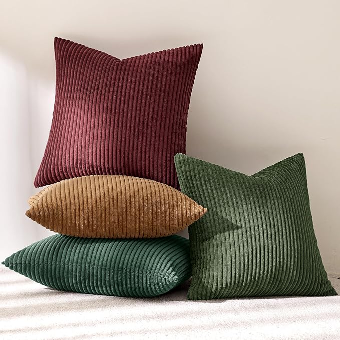 MIULEE Soft Corduroy Decorative Throw Pillow Covers Christmas Green 18x18 | Set of 4, Mordern Nordic Christmas Decor, Green Red Accent Set, Boho Farmhouse Cushion Covers for Couch Bed Sofa Living Room
