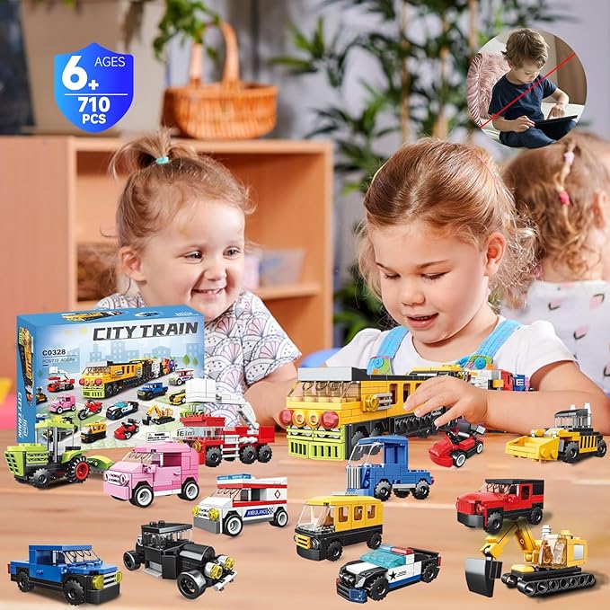 16 Pack Building Blocks Party Favors for Kids, Lego-Compatible 2 in 1 710pcs Building Kits Mini City Vehicles Include Police Car & Train, Christmas Toy Gifts Goodie Bag Filler Stuffers for Boys Girls