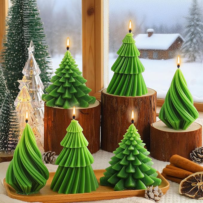 Conelist 6 Pcs Christmas Tree Candles Christmas Tree Shaped Taper Candles Decorative Xmas Wax Scented Candlesticks for Xmas Eve Winter Holiday Home Table Decoration Gift(Green,Mixed Style)